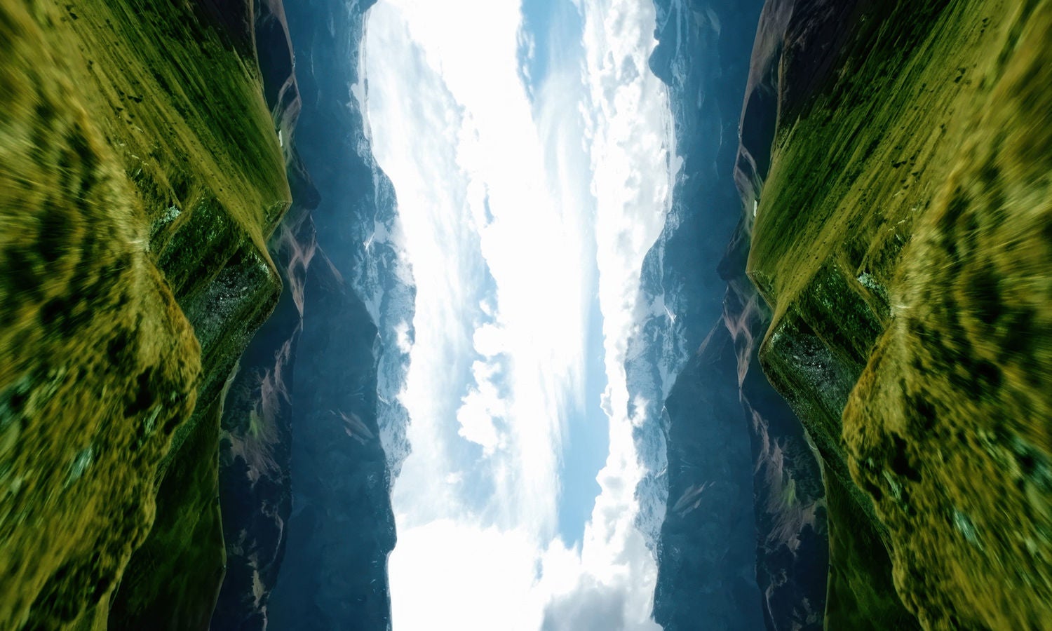 Mirrored mountain landscape with bright sky, creating a surreal vertical symmetry.